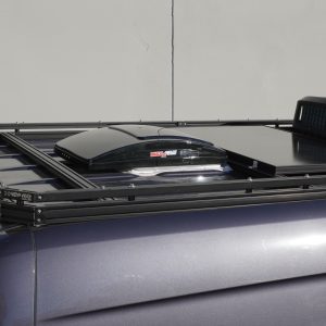New Way Van Life aluminum roof rack installed on a 2022-2026 Mercedes Sprinter van with a MaxxAir MaxxFan roof vent and rooftop AC unit mounted on the platform