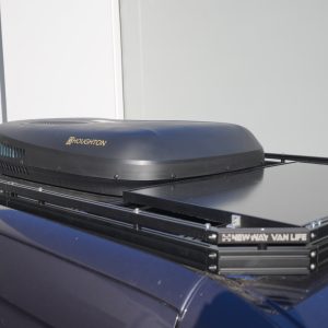 New Way Van Life aluminum roof rack installed on a black Mercedes Sprinter van with a Houghton rooftop AC unit mounted on top
