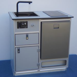 All-in-one self-contained camper van kitchen unit with sink, induction cooktop, fridge, and water system for Sprinter van conversion