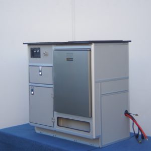 All-in-one self-contained camper van kitchen unit with sink, induction cooktop, fridge, and water system for Sprinter van conversion